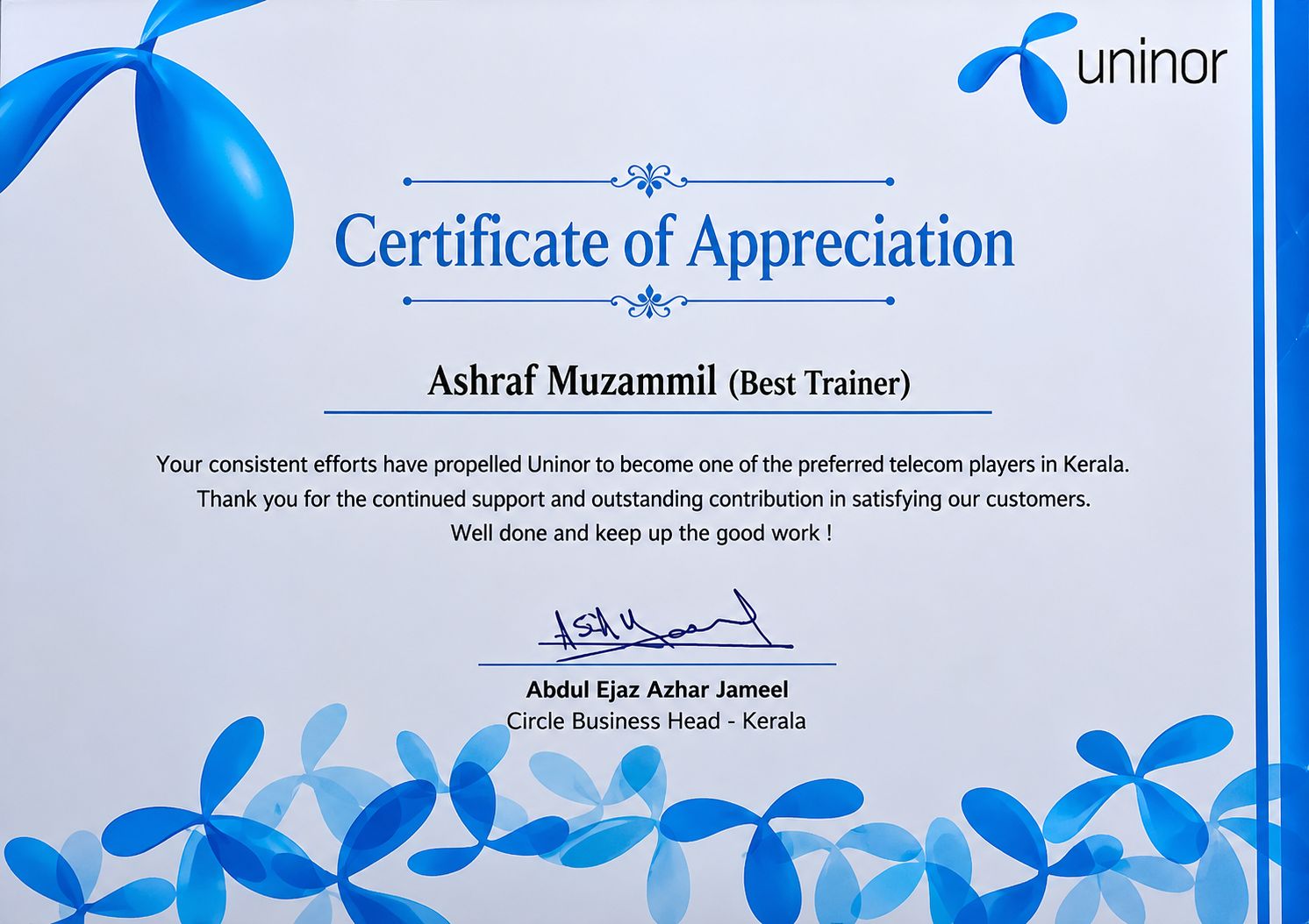 Certificate of Appreciation — Uninor